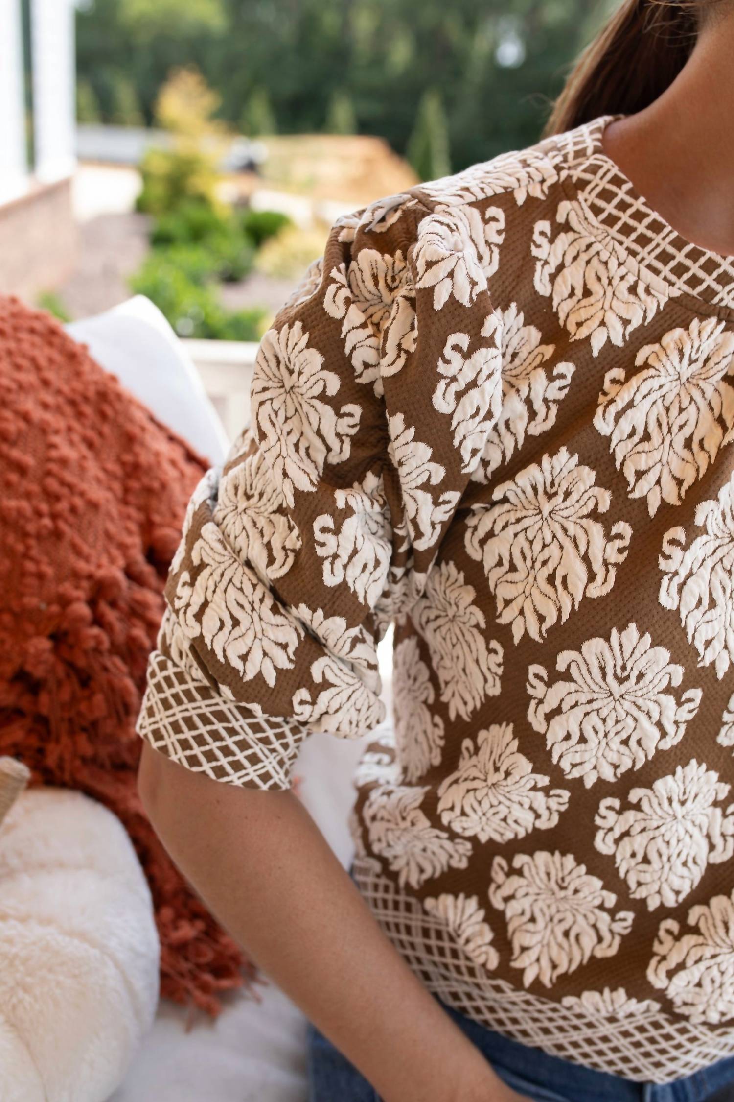 voy Printed to Perfection Knit Top in brown and cream print - women's blouse - detail view