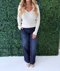 mystree Plunging V Neck Sweater Top in ivory - women's sweater