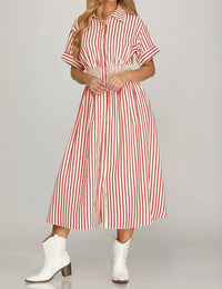 She + Sky - Striped Woven Midi Shirt Dress