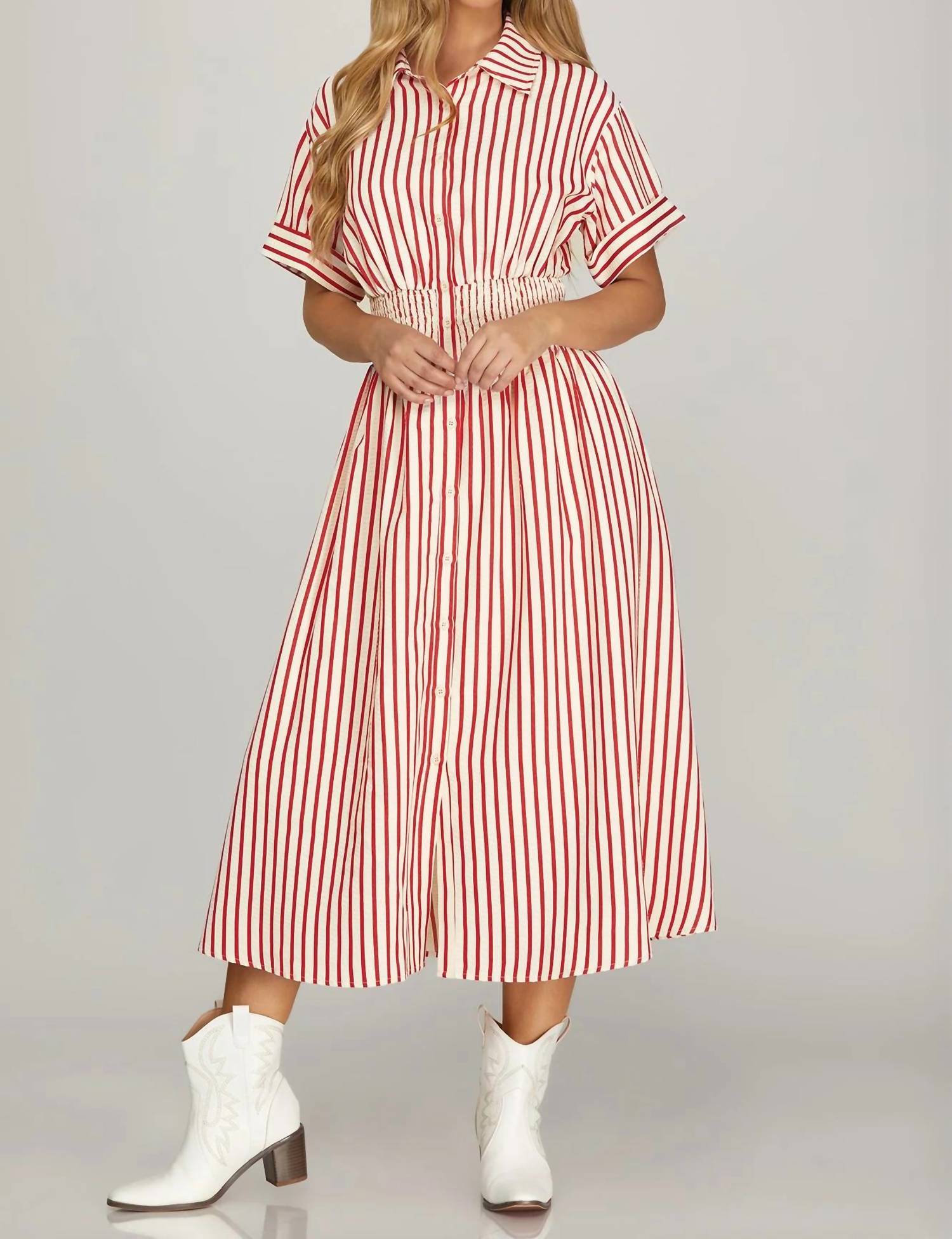 She + Sky - Striped Woven Midi Shirt Dress