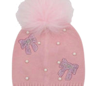 Bari Lynn - Girl's Pearl And Rhinestone Bows Beanie With Fur Pom