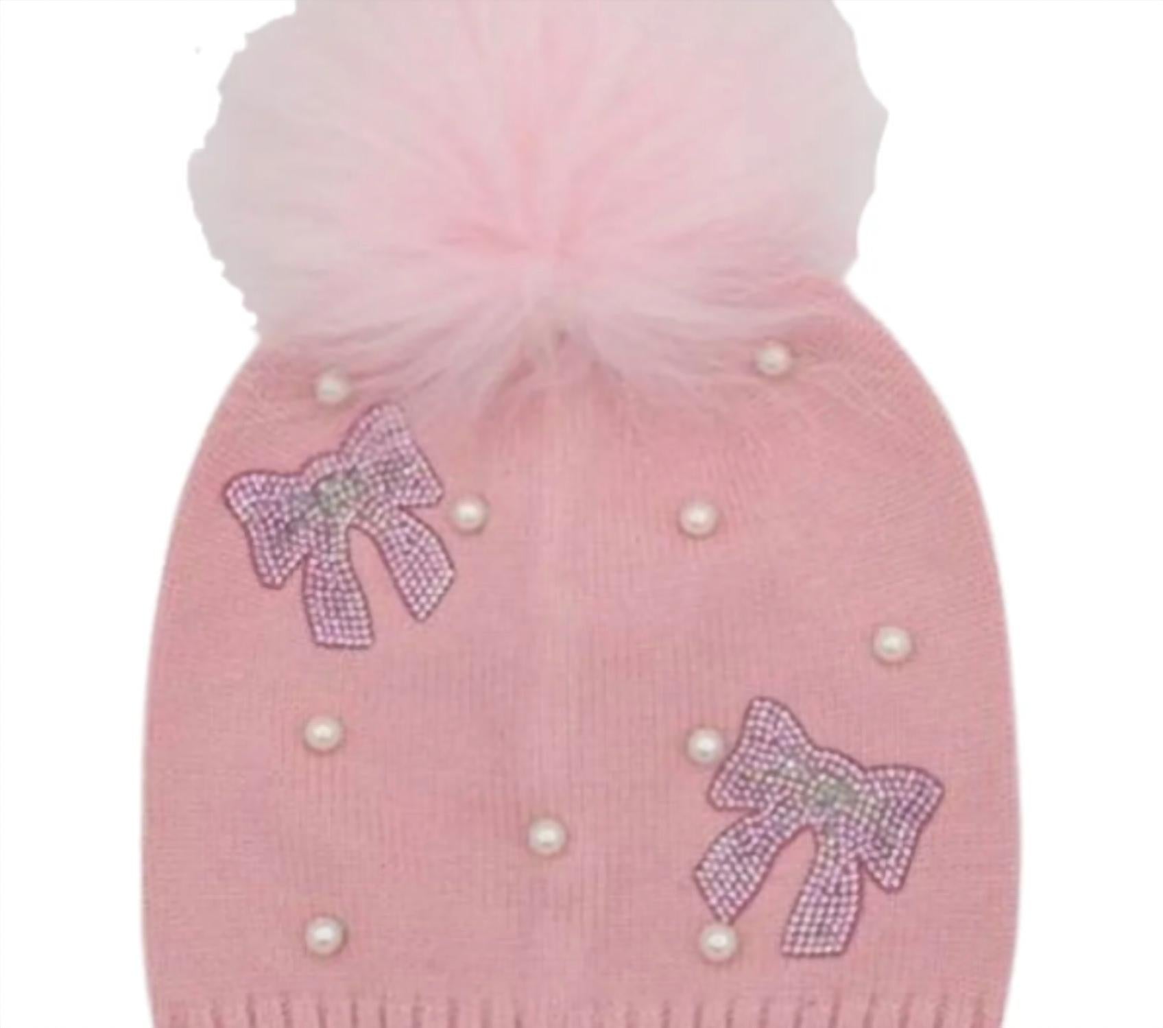 Bari Lynn - Girl's Pearl And Rhinestone Bows Beanie With Fur Pom