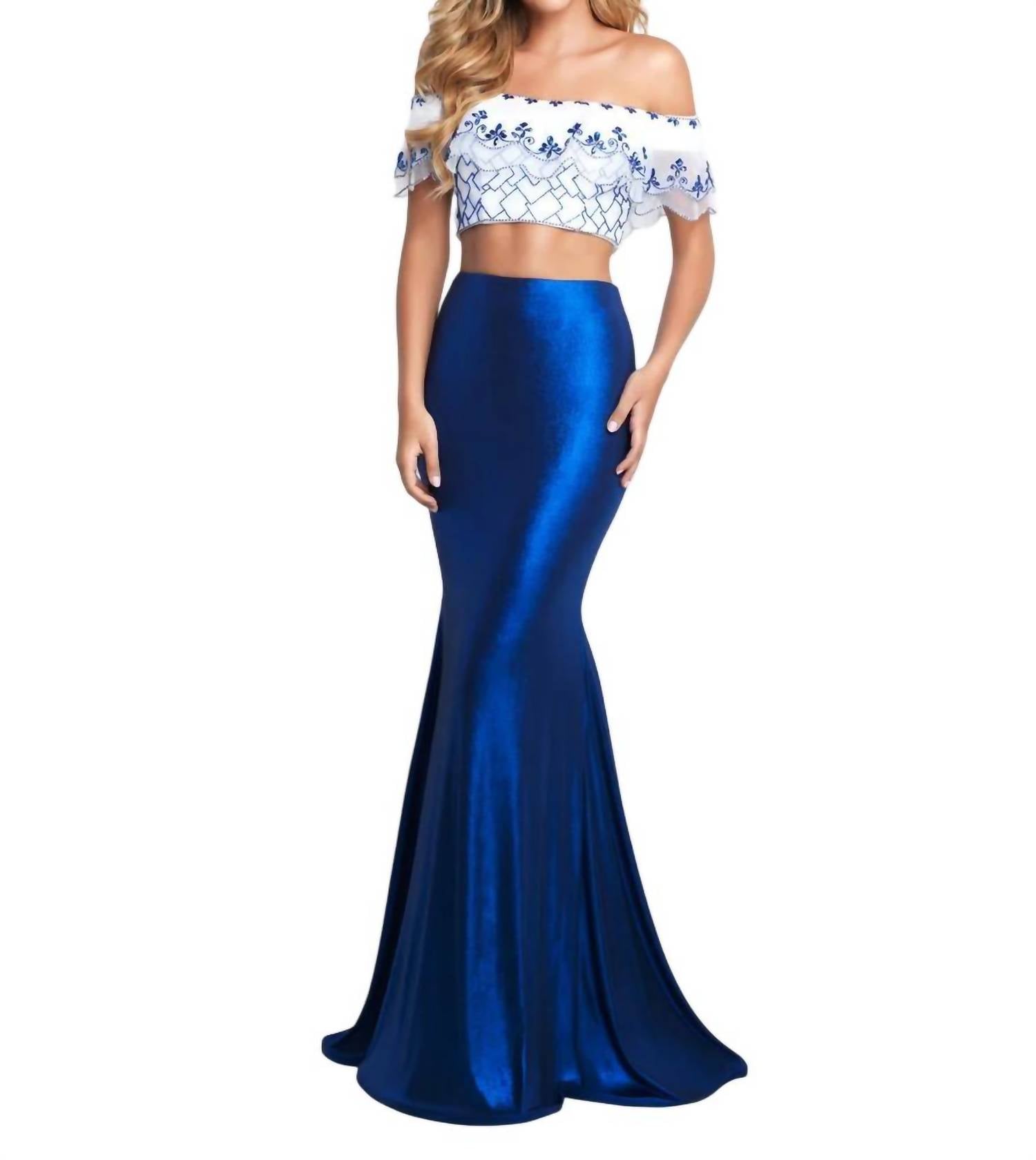 Blush Prom - Hand Beaded Metallic Jersey Two Piece Gown
