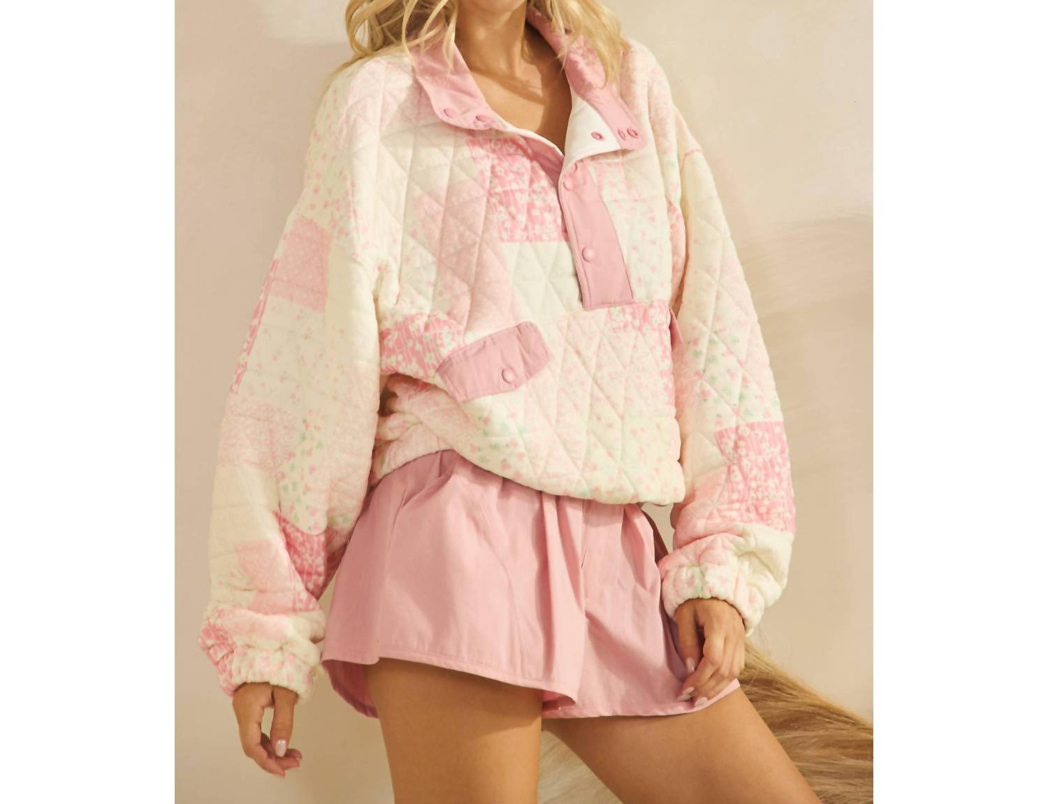 Veveret Textured Contrast Printed Quarter Zip Sweater in pink combo - women's cardigan - view 5