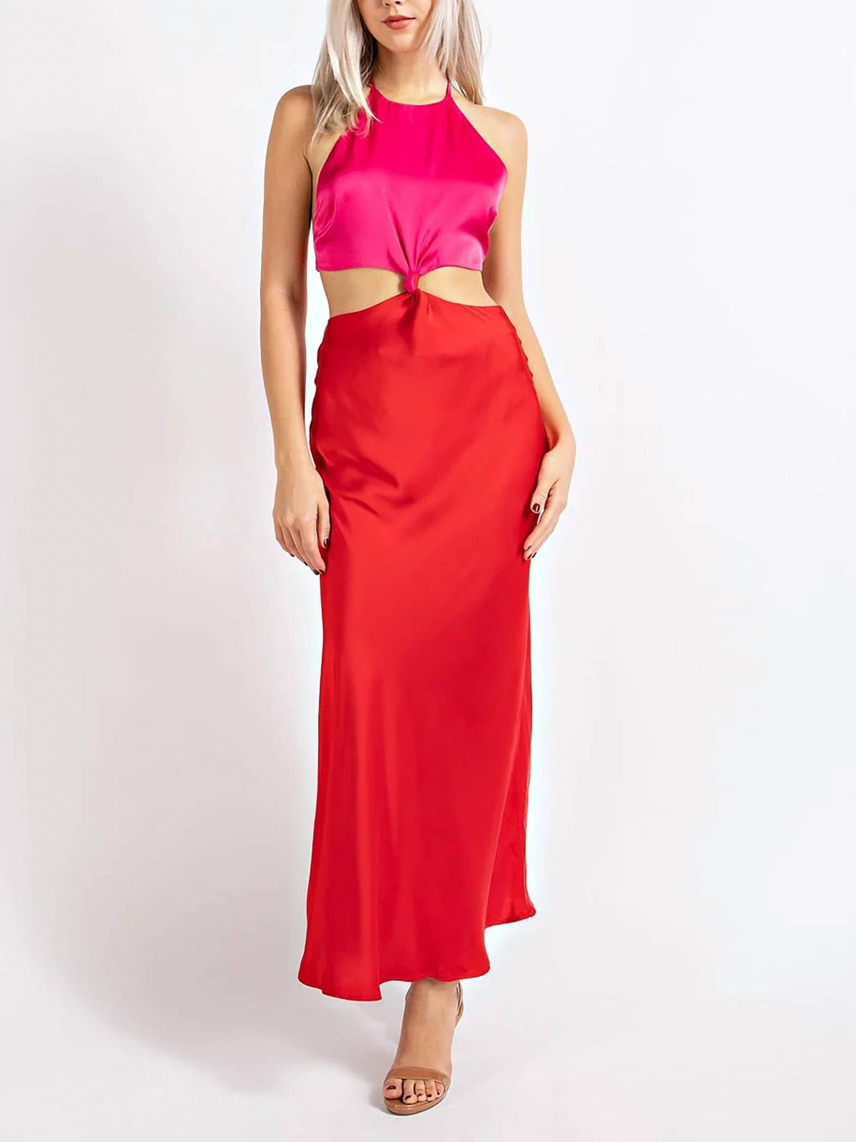 Edit By Nine - Color Block Satin Cutout Mock Neck Maxi Dress