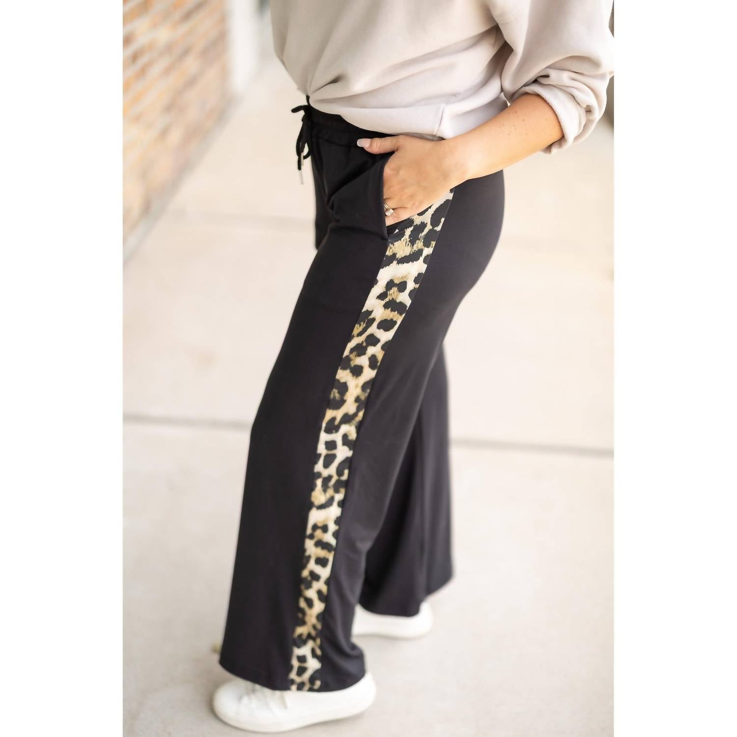 Julia Rose Chelsea Wide Leg With Leopard Panel Loungers in black - women's pants - view 6