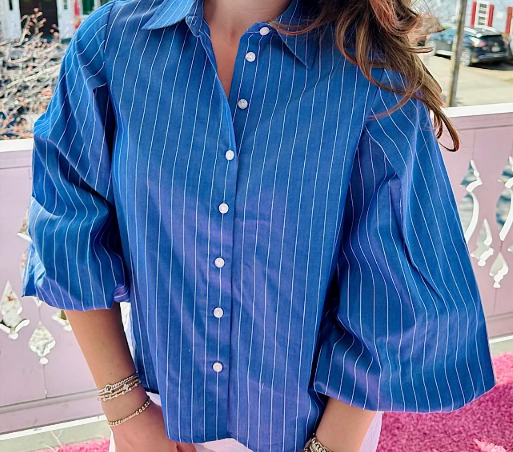 Apny - Striped Blouson Sleeve Button Down