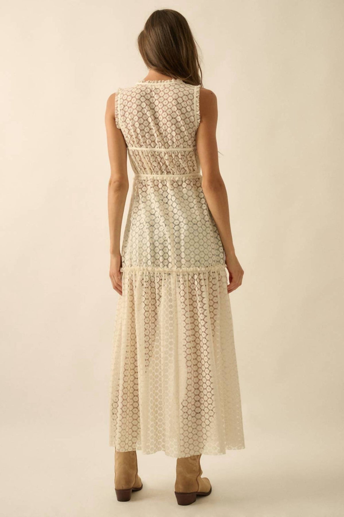 Promesa - Sheer Crochet Lace Sleeveless Tie-Front Maxi Top