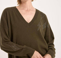 Brodie Cashmere Hazel Hot Fix Bolt V Neck Sweater in khaki - women's sweater - alternate view