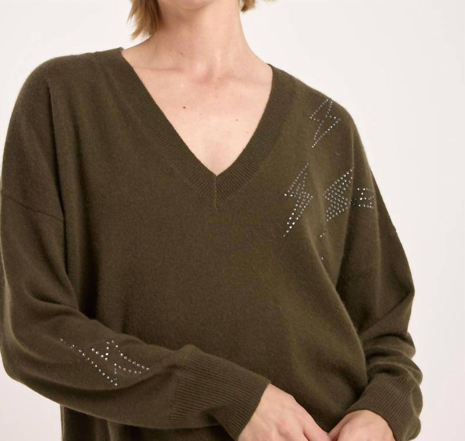 Brodie Cashmere Hazel Hot Fix Bolt V Neck Sweater in khaki - women's sweater - alternate view