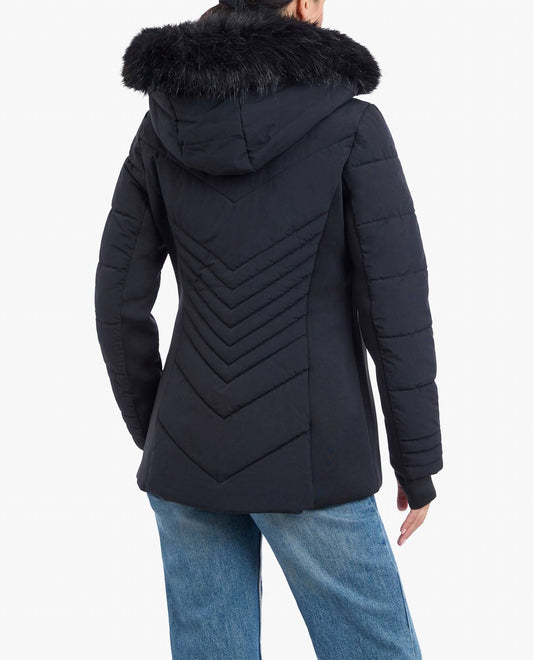 London Fog - Zip-front Puffer Jacket With Removable Faux Fur Trimmed Hood