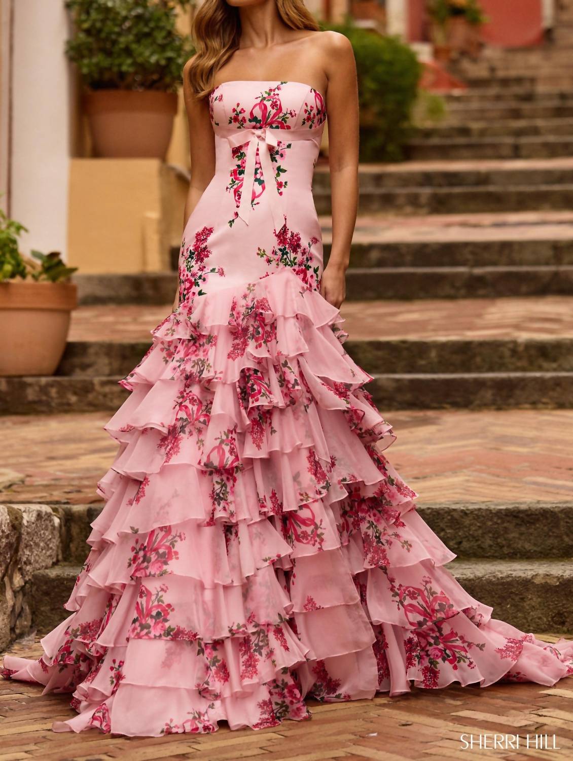 Sherri Hill Strapless Floral Taffeta Mermaid Gown in pink print - women's dress