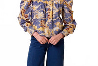 Cleobella Irina Ruffle Sleeve Blouse in blue castello - women's blouse - detail view