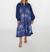 NIBI MTK Luna Maxi Shirt Dress in navy palm shibori - women's dress