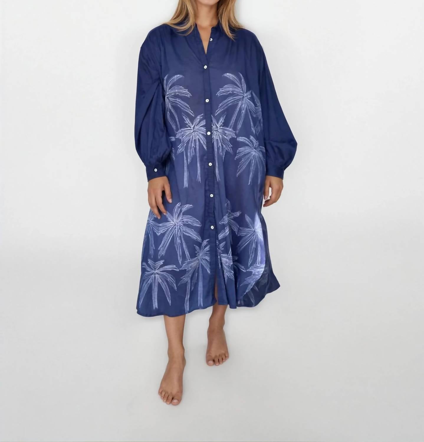 NIBI MTK Luna Maxi Shirt Dress in navy palm shibori - women's dress