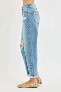 Risen - High Rise Crop Barrel Distressed Jeans