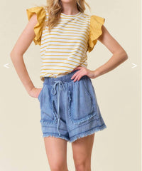 Doe and Rae Denim Fray Detail Shorts in light wash - women's shorts - detail view