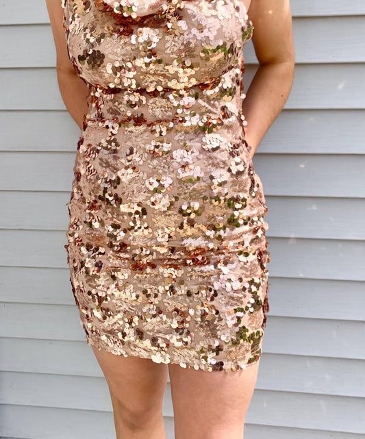 Rose Gold Sequin Cowl Neck Mini Dress