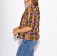THML Color Pop Plaid Puff Sleeve Top in olive - women's blouse - detail view