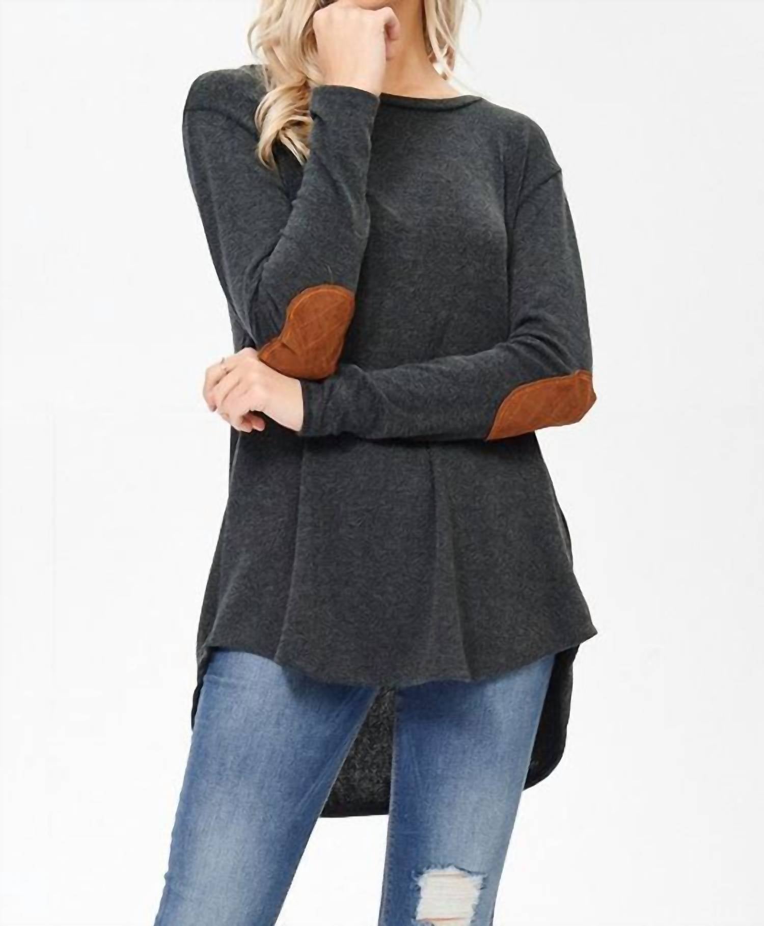 Lovely Melody - Kennedy Elbow Patch Hi-Low Hem Tunic Top