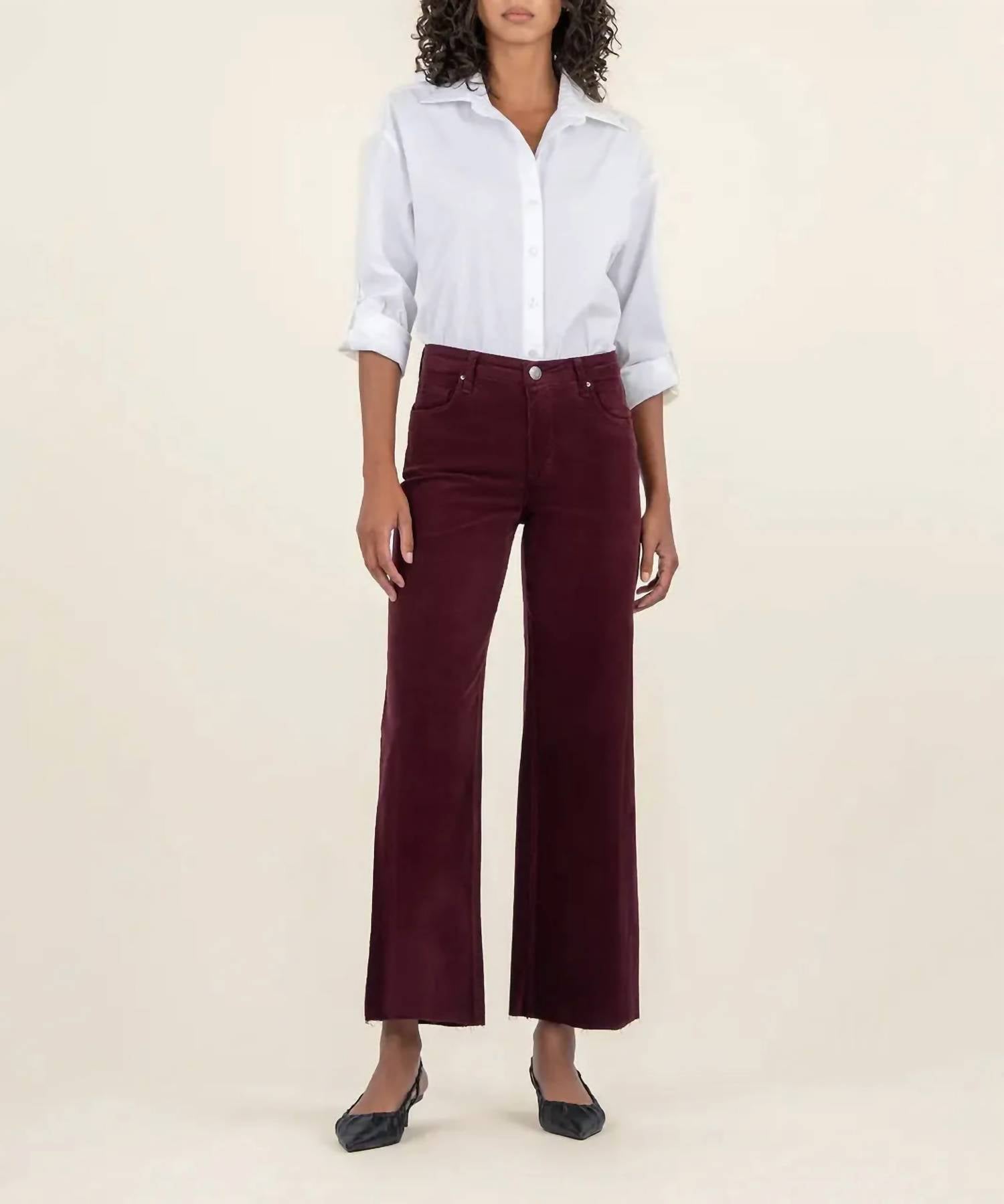 KUT FROM THE KLOTH Meg High Rise Fab Ab Wide Leg Corduroy Pants in dark plum - women's pants