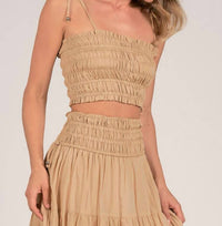 ELAN Nikki Smocked Crop Top in taupe - women's shirt - alternate view