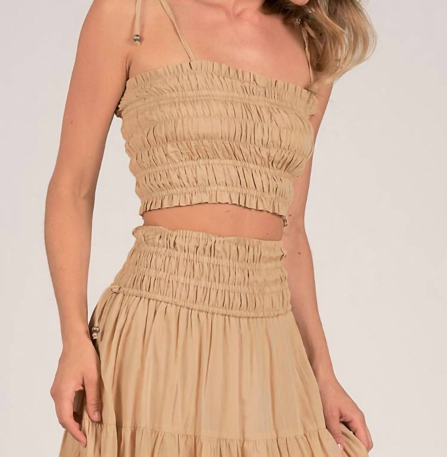 ELAN Nikki Smocked Crop Top in taupe - women's shirt - alternate view