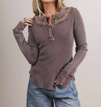 Easel - Embroidered Neck Thermal Top
