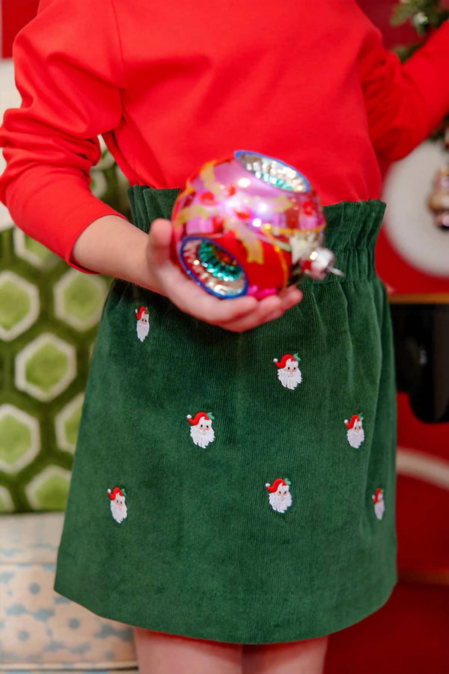 The Beaufort Bonnet Company Girl's Critter Beasley Bag Corduroy Skirt in grier green with santa embroidery - kids' skirt