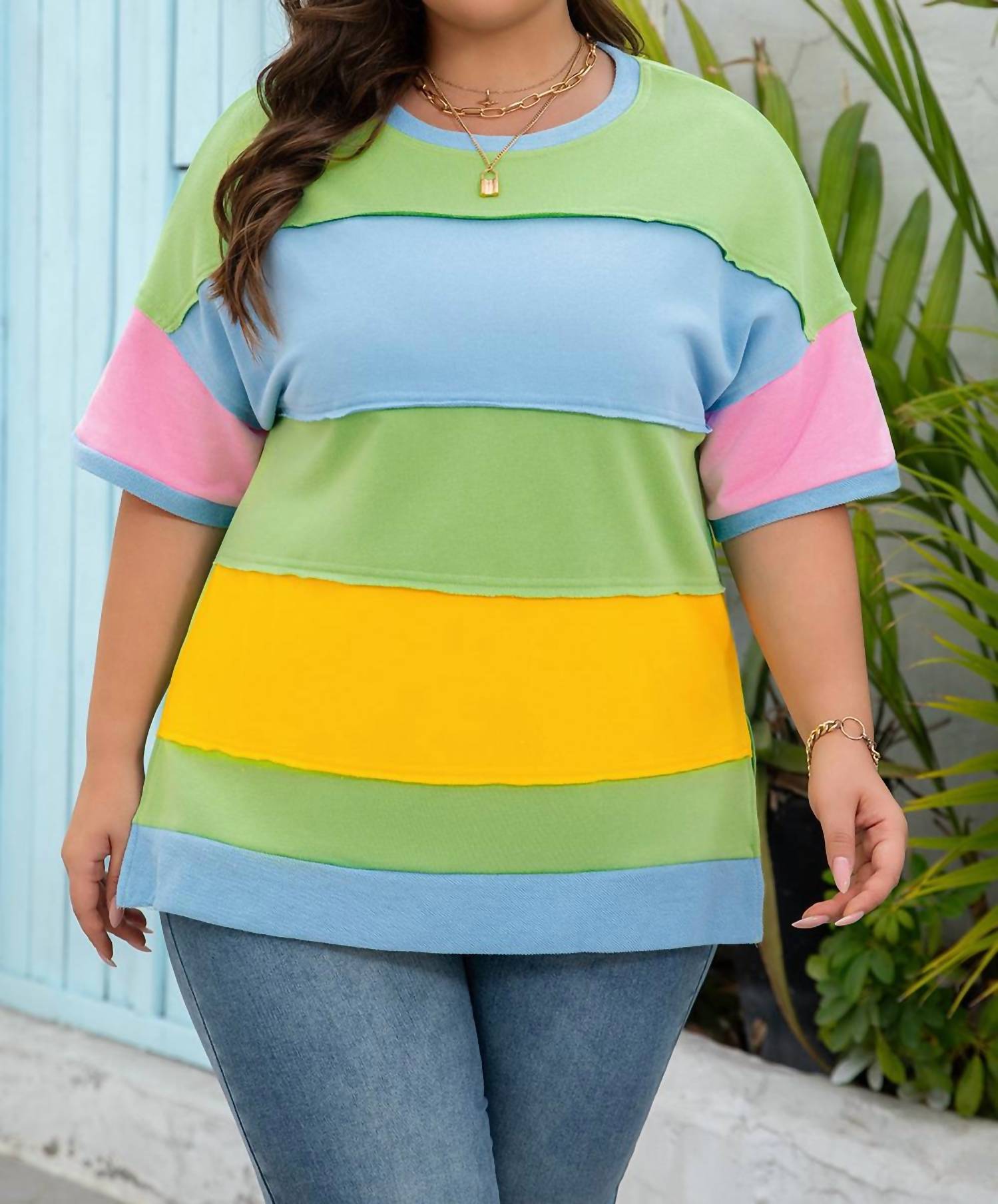 Dear Lover - Color Block Exposed Seam Patchwork T Shirt - Plus