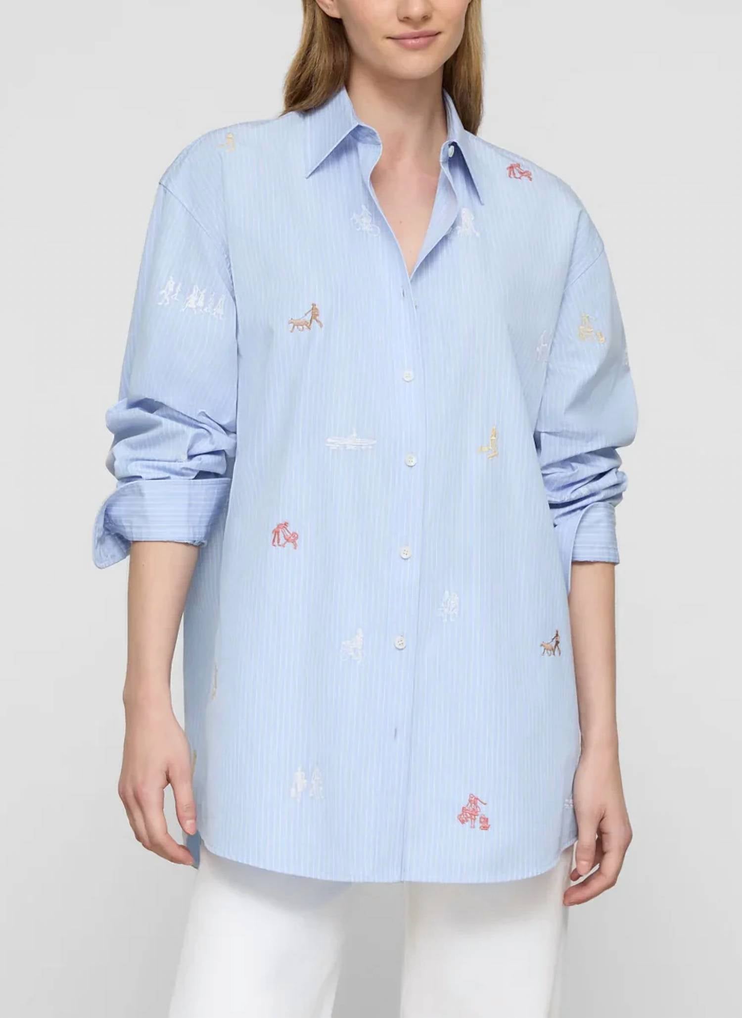Lafayette 148 - Striped Cotton Embroidered New Yorkers Oversized Shirt