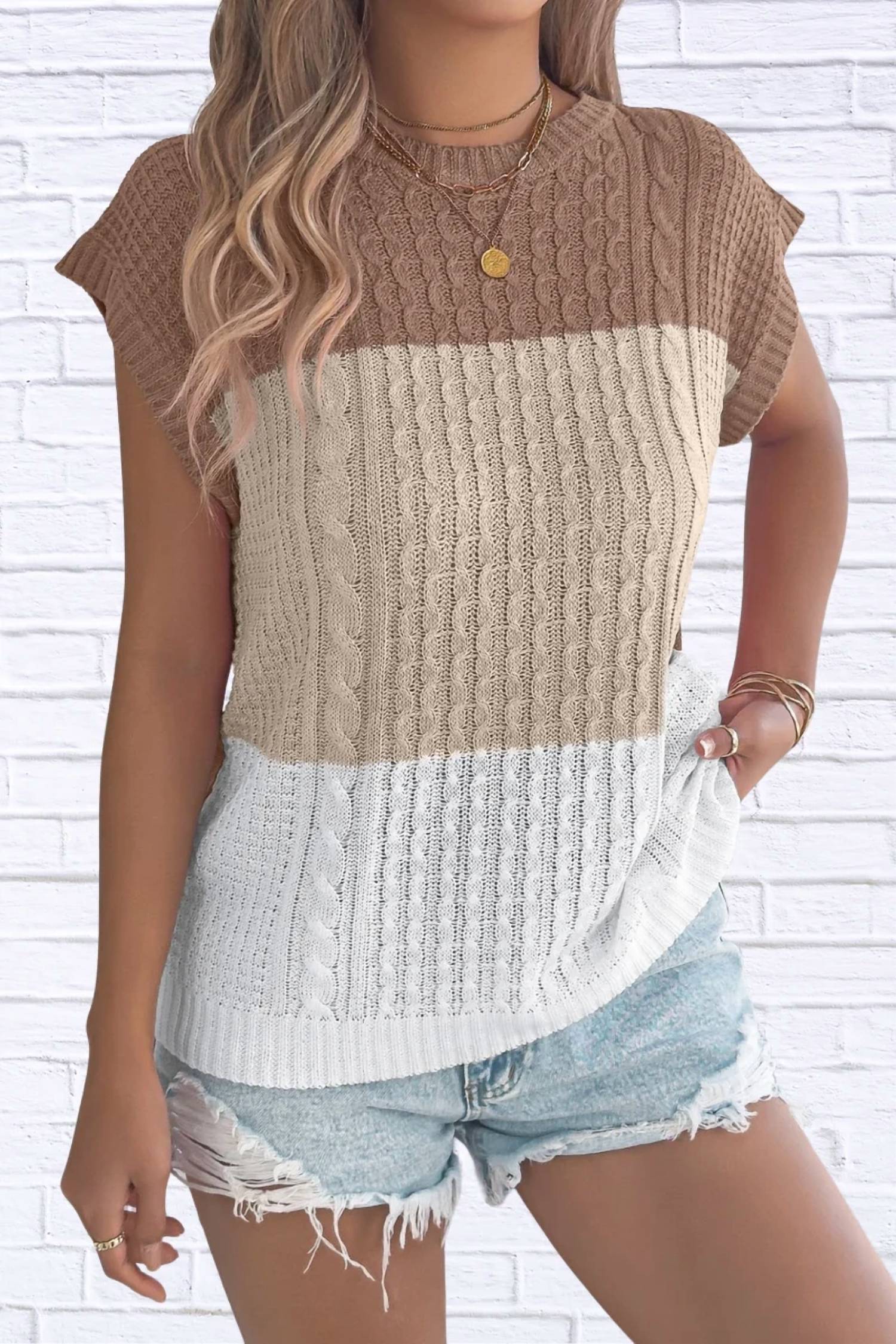 Anna-Kaci - Color Block Cable Knit Short Sleeve Sweater