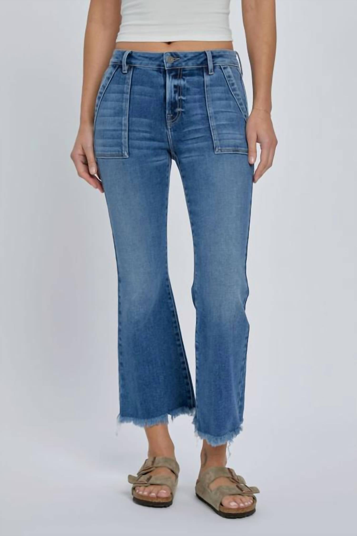 Hidden - Frayed Hem Cargo Crop Flare Jean