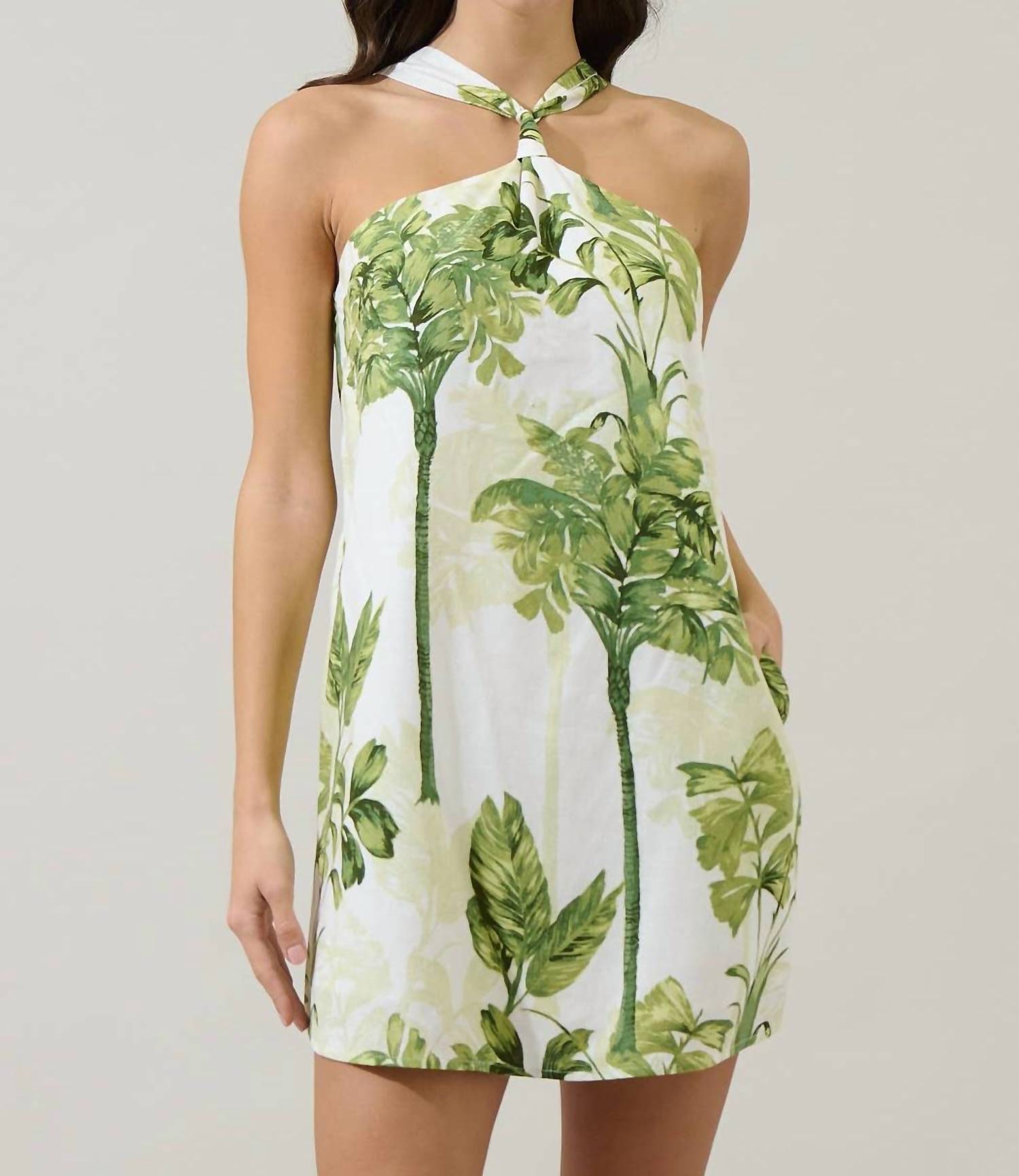 SUGARLIPS Palms Tropical Halter Mini Dress in cream green - women's dress