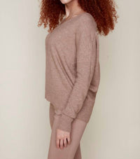 Renuar Knit V-Neck Sweater in heather tan - women's sweater - detail view