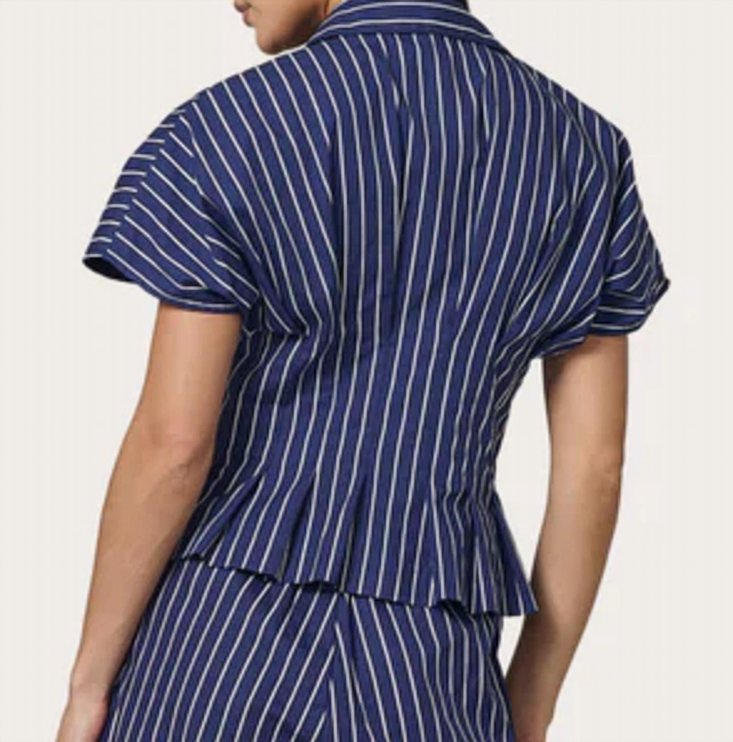 LUSANA Tailor Blouse in indigo stripe - women's blouse - alternate view
