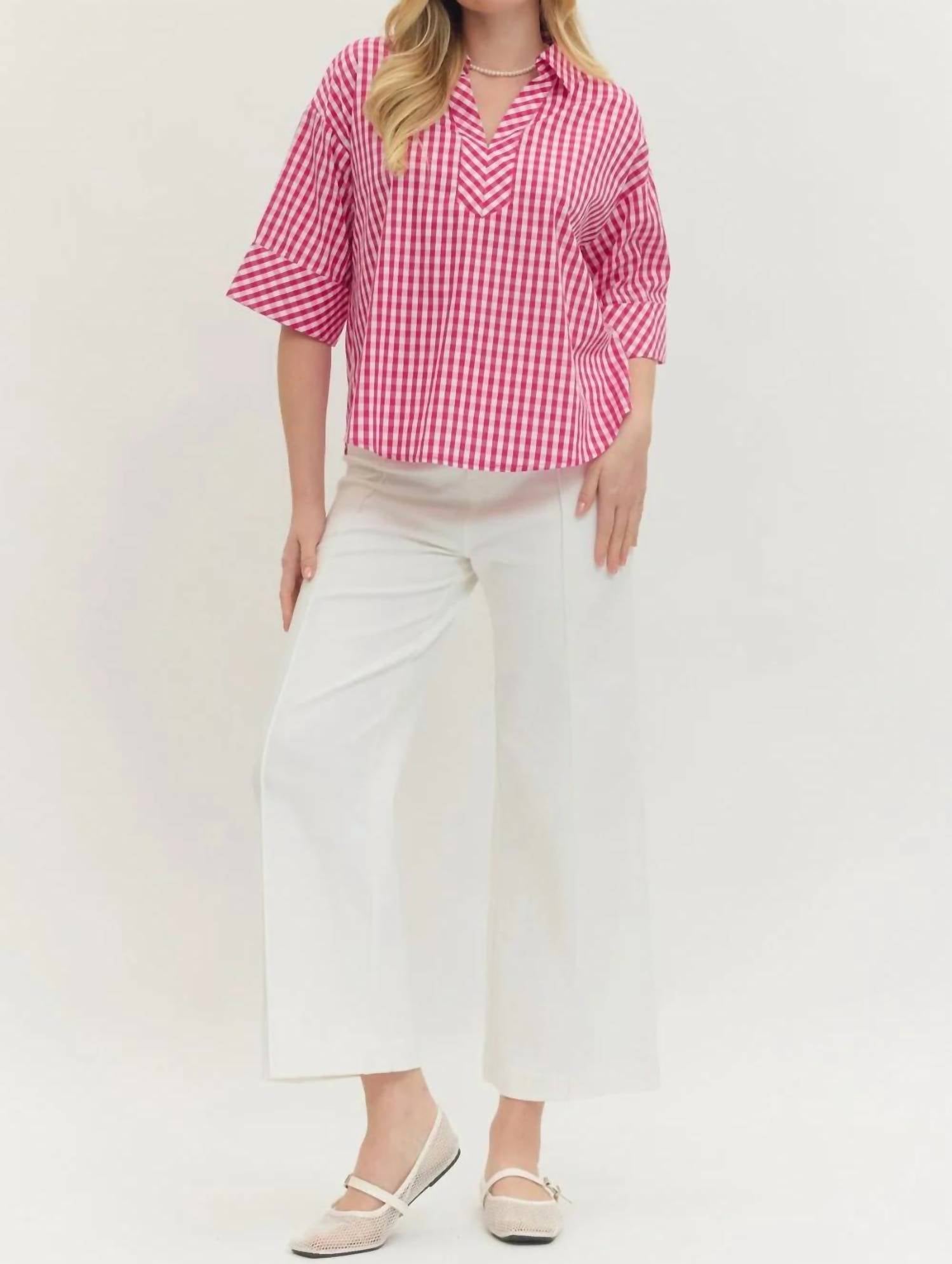 Entrousa - Women's Gingham 3/4 Sleeve Top