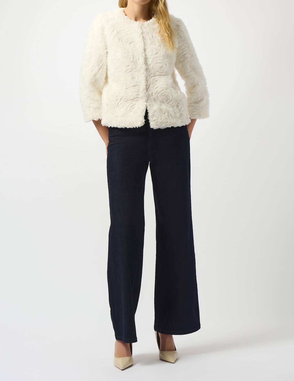 Joseph Ribkoff - Embroidered Faux Fur Collarless Jacket