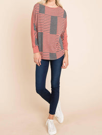 Emerald Collection - Stripe And Solid Dolman Sleeves Top