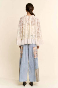Davi & Dani - Sheer Floral Lace Bell Sleeve Blouse
