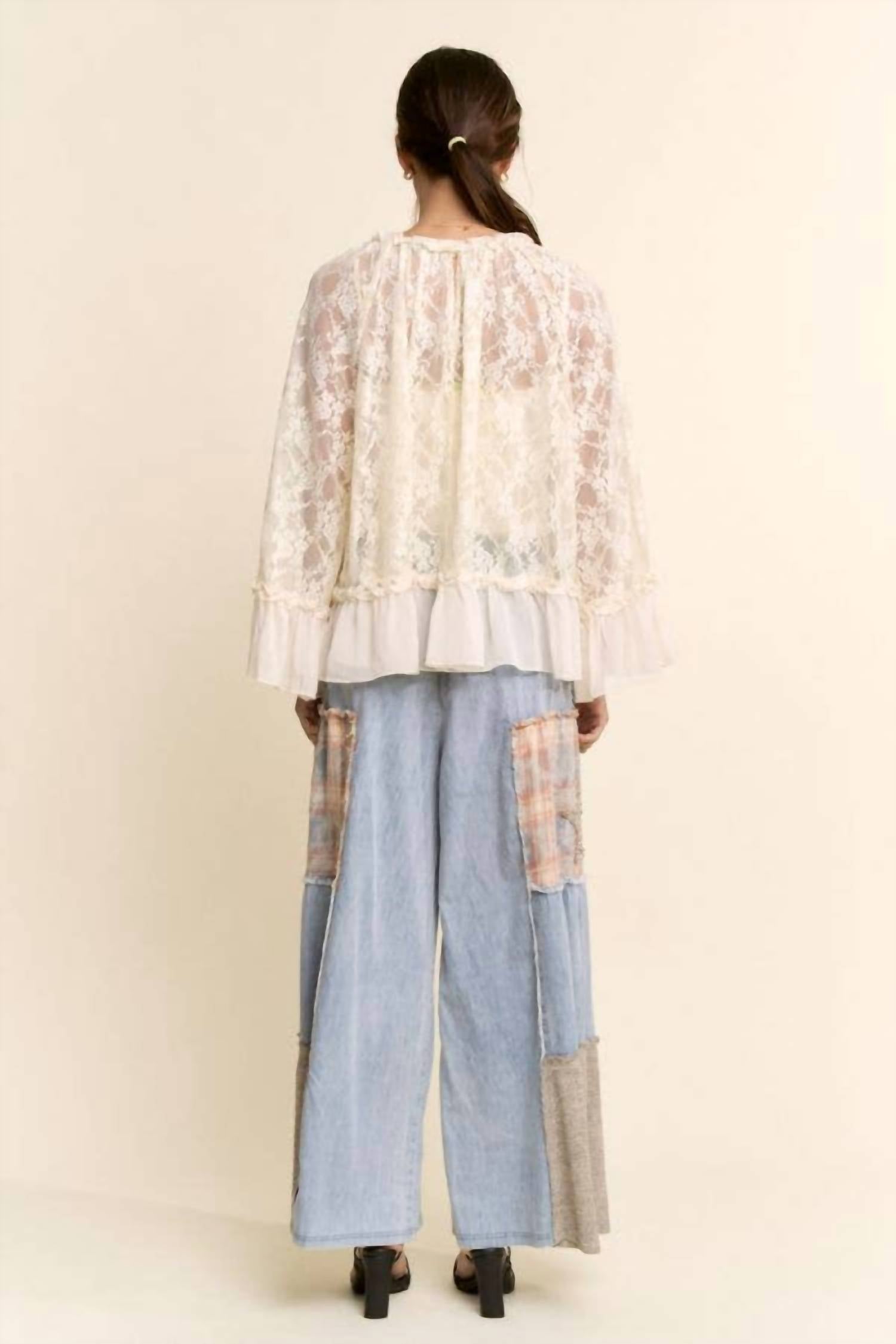 Davi & Dani - Sheer Floral Lace Bell Sleeve Blouse