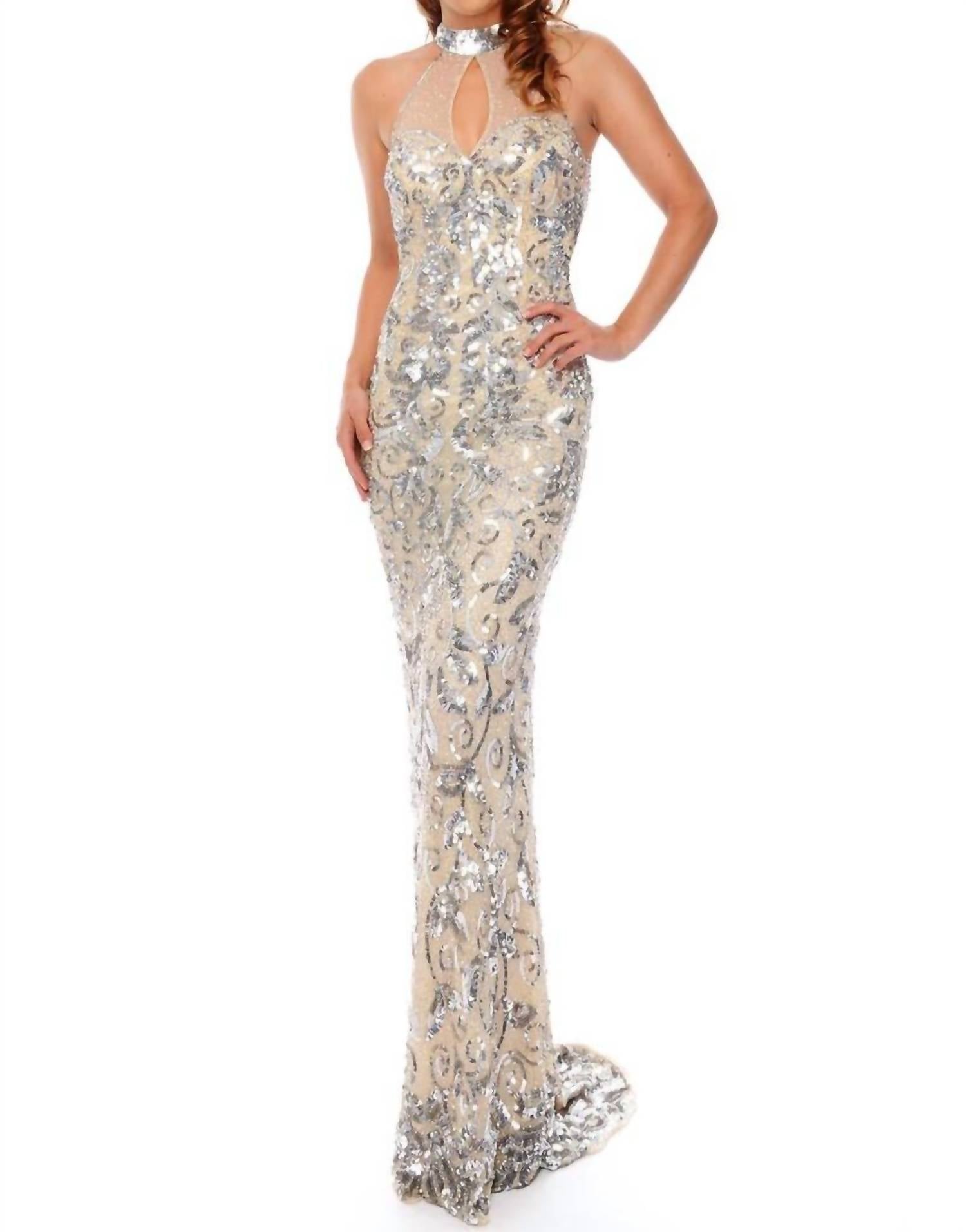 Precious Formals - Halter Neck Illusion Sequin Evening Gown