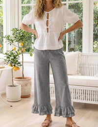 Vine & Love - Gingham Casual Ruffled Hem Cropped Pants