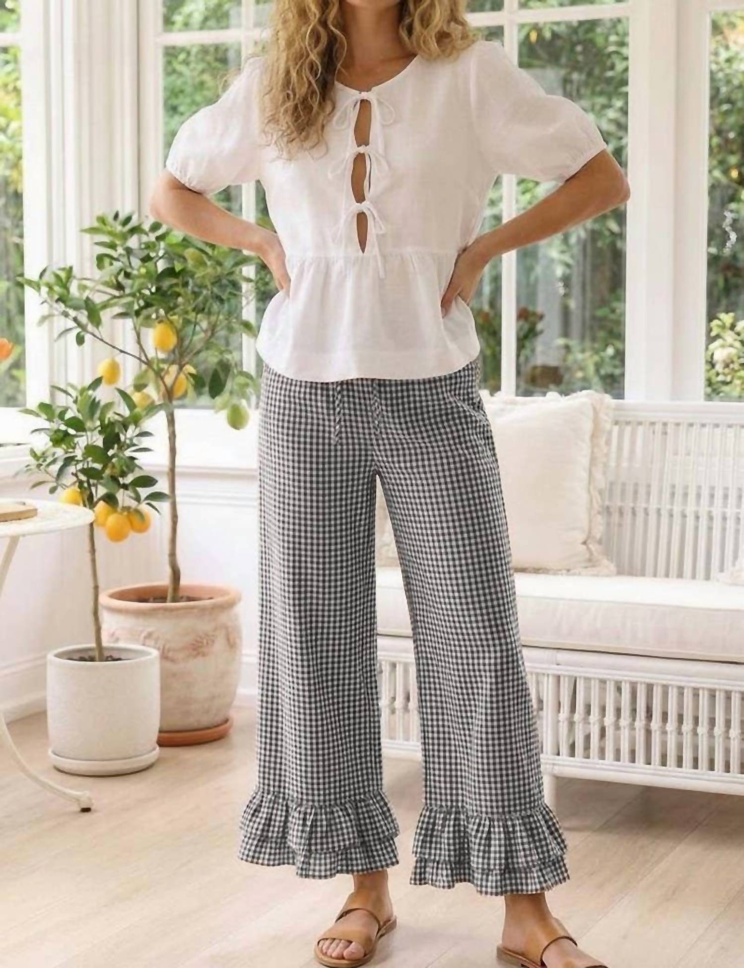 Vine & Love - Gingham Casual Ruffled Hem Cropped Pants