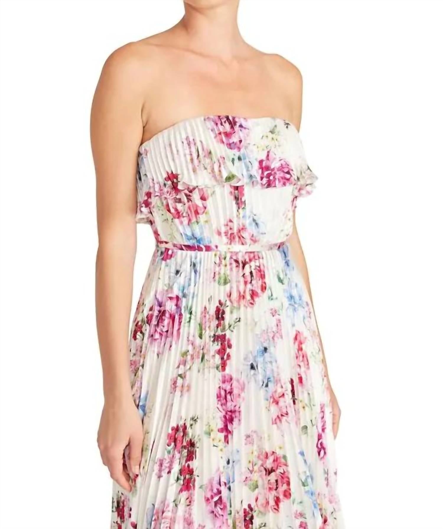 Monique Lhuillier Floral Pleated Satin Strapless Gown in peony dream - women's dress - view 4