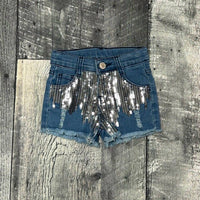 BRATTI MATI Girls Denim Sequin Toddler Shorts in blue - kids' shorts