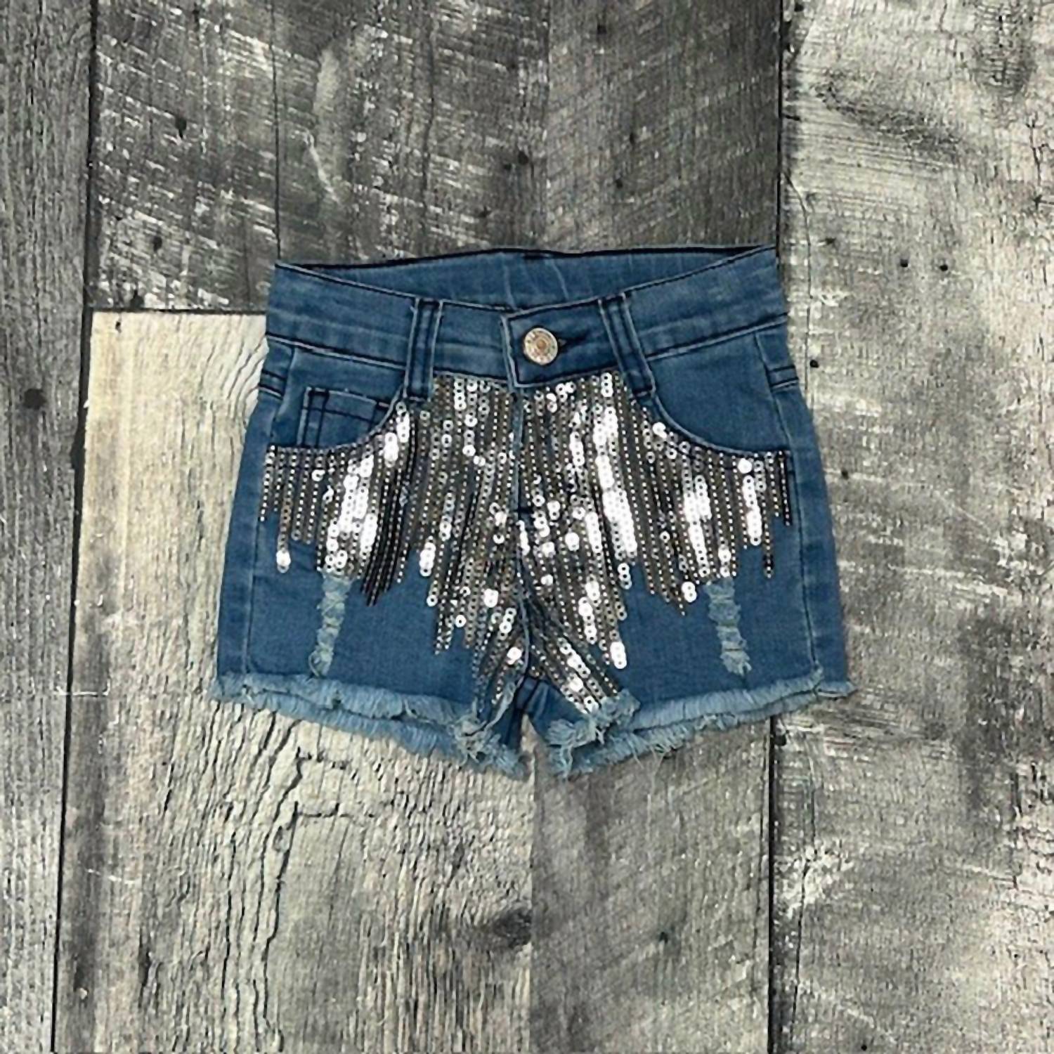 BRATTI MATI Girls Denim Sequin Toddler Shorts in blue - kids' shorts