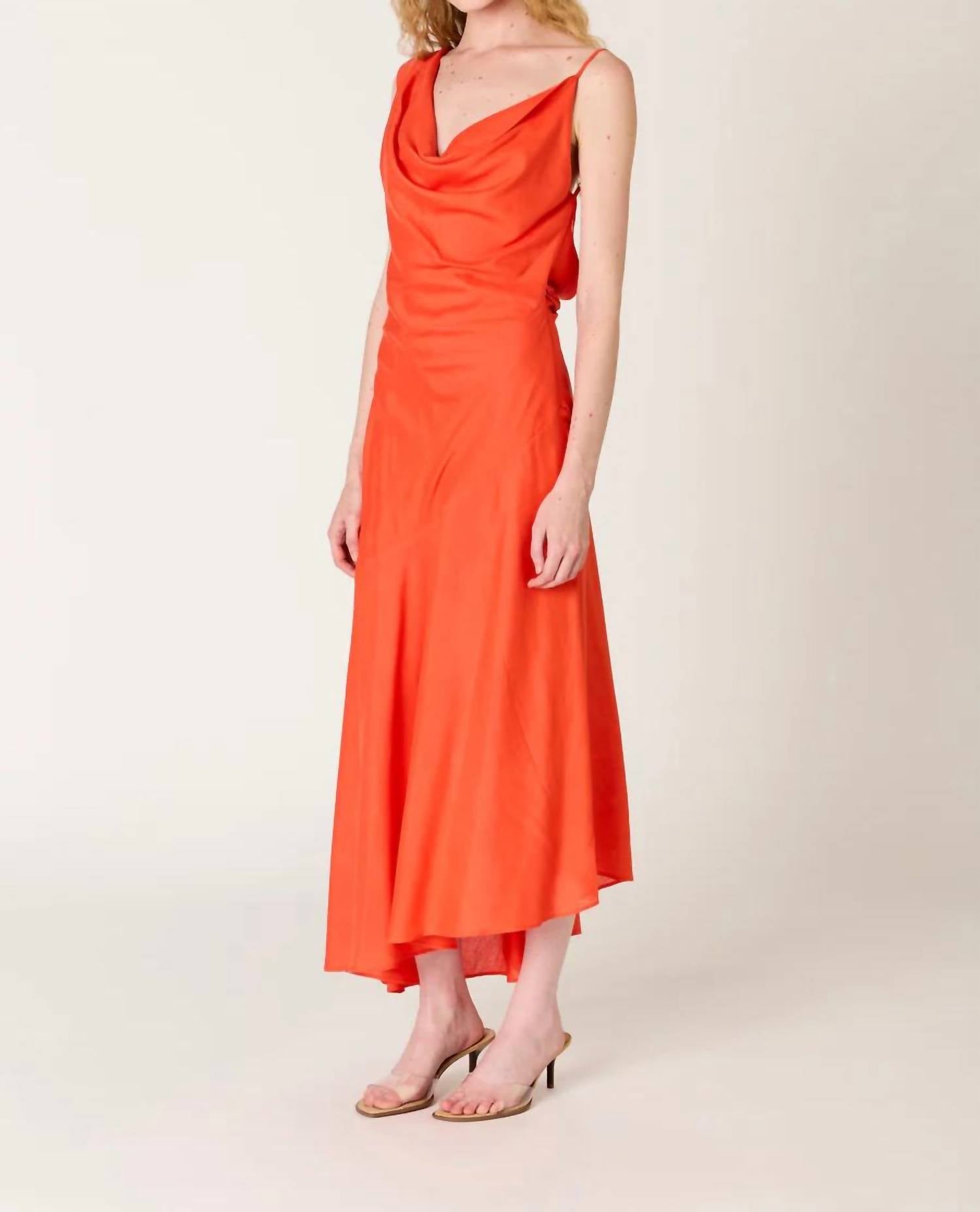 NIA Cielo One Shoulder Draped Midi Dress in coral red - women's dress - alternate view