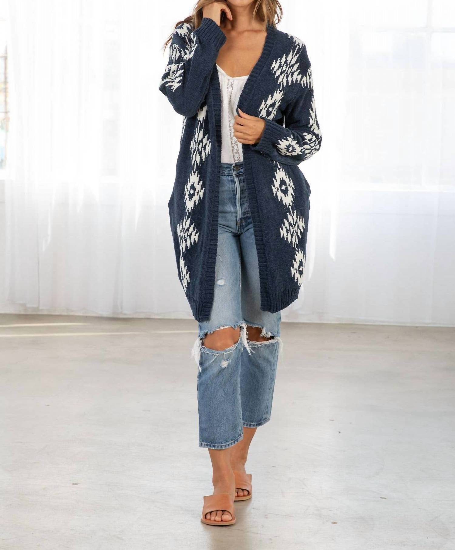 LOVESTITCH Beautiful Southwestern Open Front Cardigan in indigo off white - women's cardigan