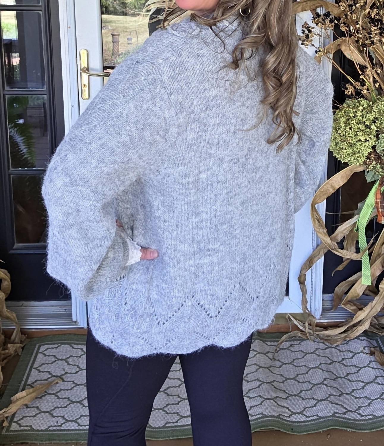 POL Floral Trim Sweater With Scallops And Lace Trim in heather grey - women's sweater - view 6